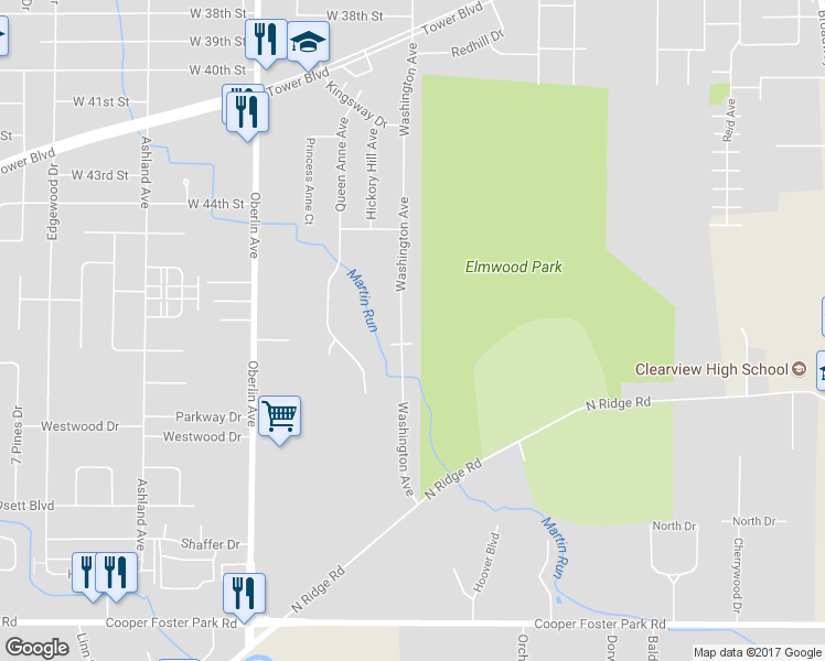 map of restaurants, bars, coffee shops, grocery stores, and more near 4671 Washington Avenue in Lorain