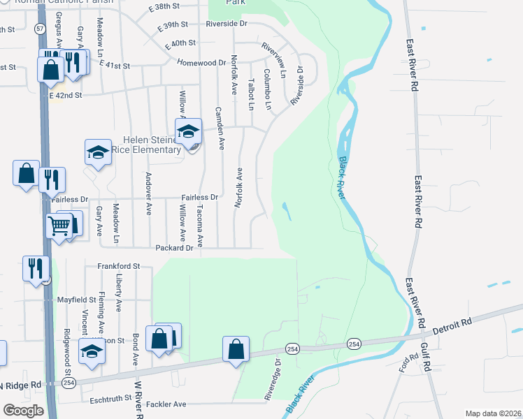 map of restaurants, bars, coffee shops, grocery stores, and more near 4623 Riverside Drive in Lorain