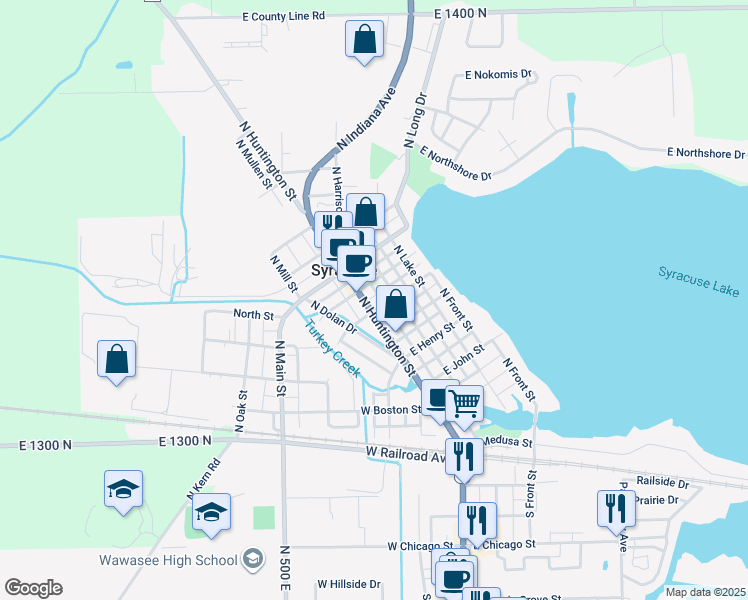 map of restaurants, bars, coffee shops, grocery stores, and more near 602 North Huntington Street in Syracuse
