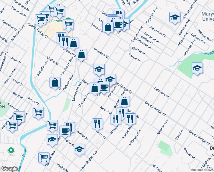 map of restaurants, bars, coffee shops, grocery stores, and more near in Dunmore