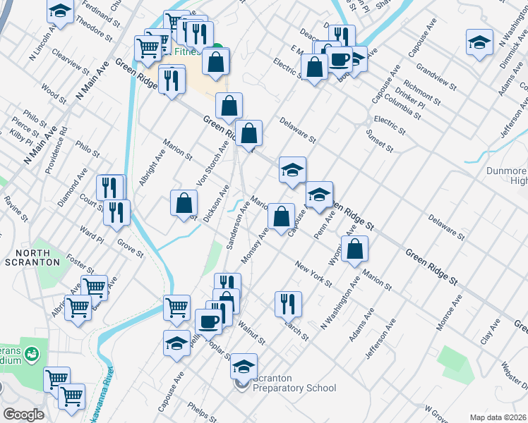 map of restaurants, bars, coffee shops, grocery stores, and more near 720 Marion Street in Scranton