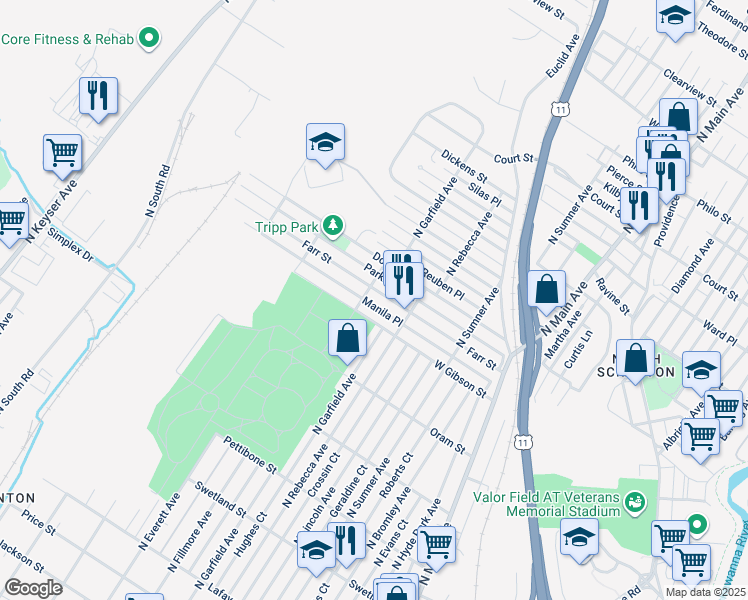 map of restaurants, bars, coffee shops, grocery stores, and more near 1701 Farr Street in Scranton