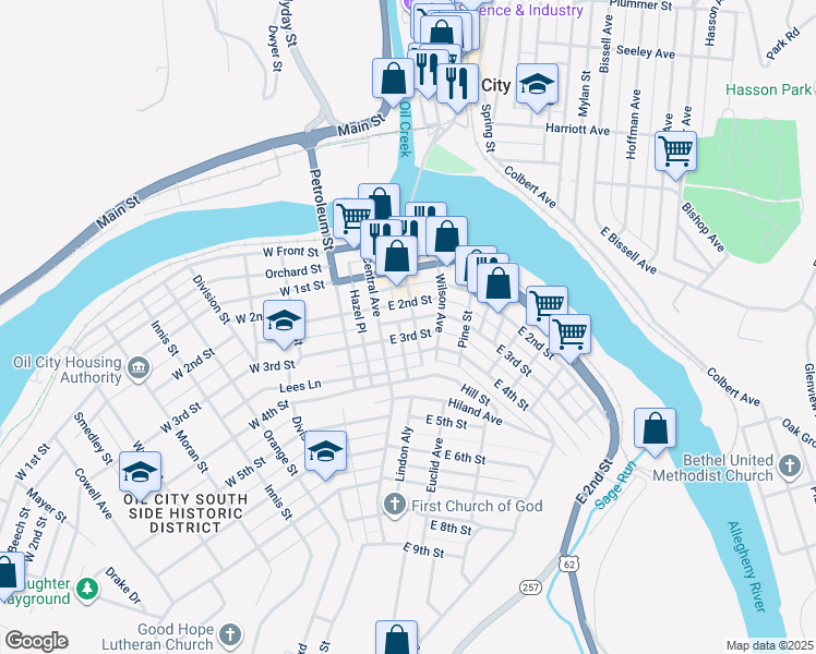 map of restaurants, bars, coffee shops, grocery stores, and more near 7 East 2nd Street in Oil City