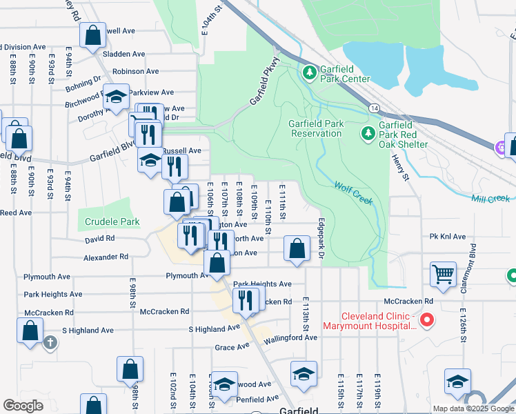 map of restaurants, bars, coffee shops, grocery stores, and more near 4922 East 109th Street in Garfield Heights