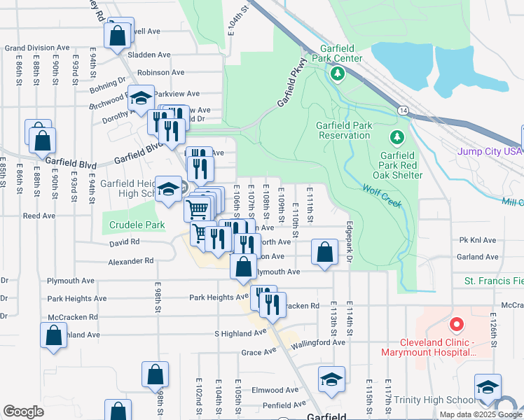 map of restaurants, bars, coffee shops, grocery stores, and more near 4419 East 107th Street in Garfield Heights