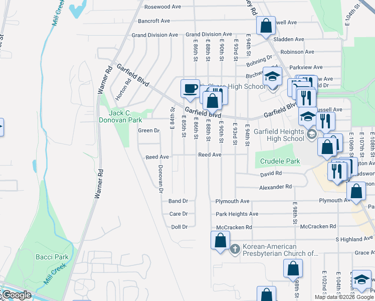 map of restaurants, bars, coffee shops, grocery stores, and more near 4865 East 85th Street in Garfield Heights