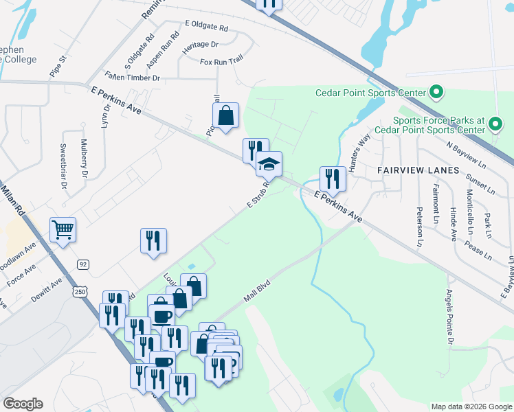 map of restaurants, bars, coffee shops, grocery stores, and more near 1417 East Strub Road in Sandusky