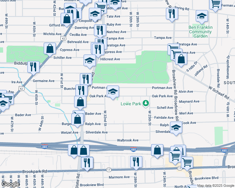 map of restaurants, bars, coffee shops, grocery stores, and more near 2922 Oak Park Avenue in Cleveland