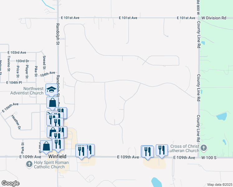 map of restaurants, bars, coffee shops, grocery stores, and more near 8610 Mystic Cir in Crown Point