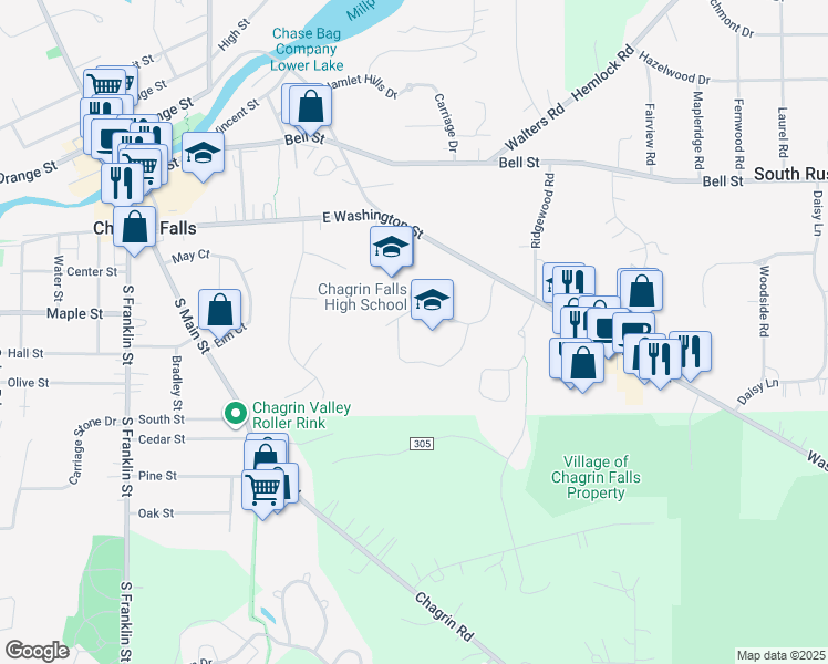 map of restaurants, bars, coffee shops, grocery stores, and more near 400 East Washington Street in Chagrin Falls