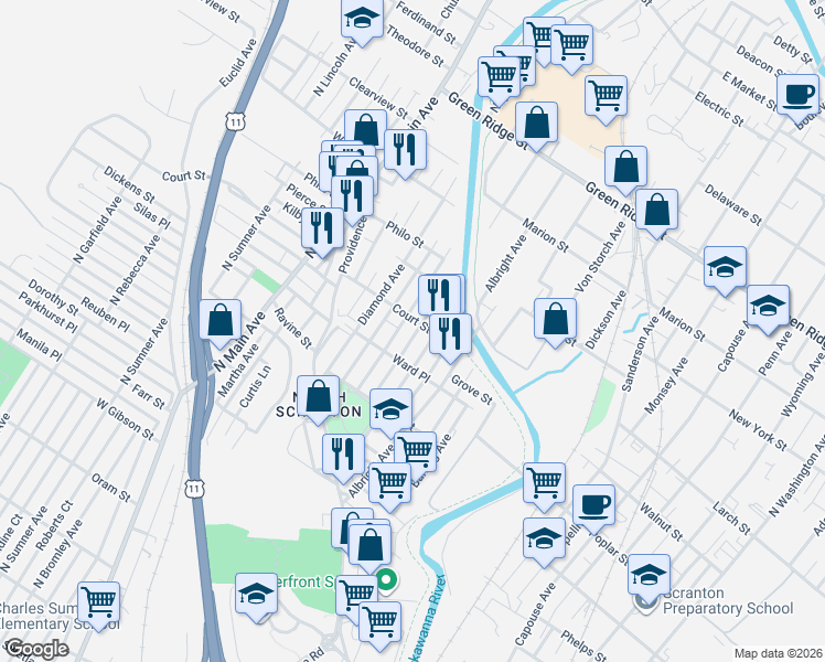 map of restaurants, bars, coffee shops, grocery stores, and more near 1130 Blair Avenue in Scranton