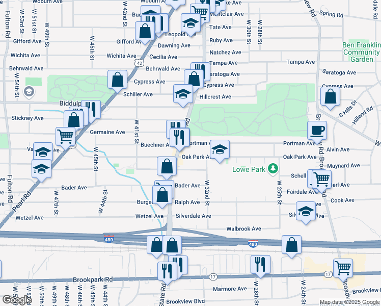 map of restaurants, bars, coffee shops, grocery stores, and more near 3308 Oak Park Avenue in Cleveland