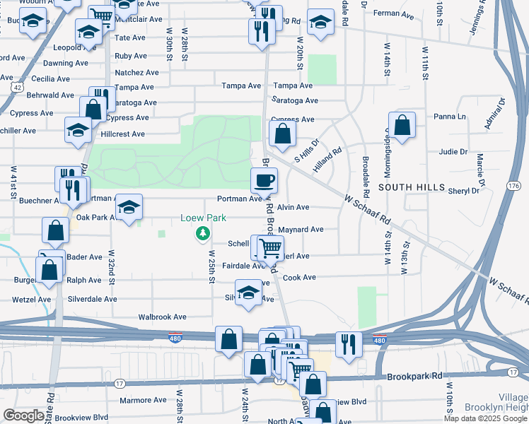 map of restaurants, bars, coffee shops, grocery stores, and more near 4760 Broadview Road in Cleveland