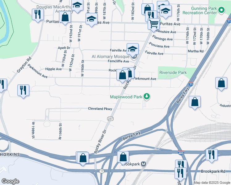 map of restaurants, bars, coffee shops, grocery stores, and more near 18400 Forestwood Avenue in Cleveland
