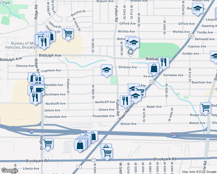 map of restaurants, bars, coffee shops, grocery stores, and more near 5513 Vandalia Avenue in Cleveland