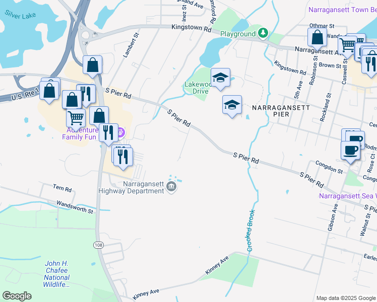 map of restaurants, bars, coffee shops, grocery stores, and more near 26 Jessica Lane in Narragansett
