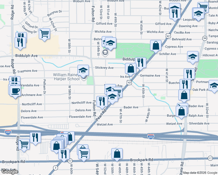 map of restaurants, bars, coffee shops, grocery stores, and more near 5013 Vandalia Avenue in Cleveland