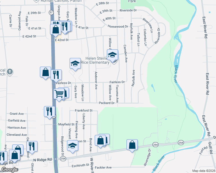 map of restaurants, bars, coffee shops, grocery stores, and more near 4606 Willow Avenue in Lorain
