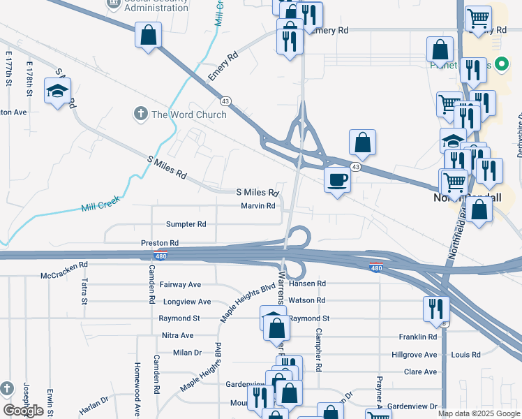 map of restaurants, bars, coffee shops, grocery stores, and more near 20116 Marvin Road in Warrensville Heights