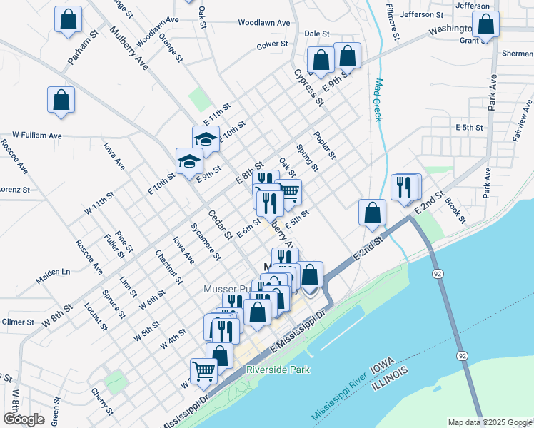 map of restaurants, bars, coffee shops, grocery stores, and more near 500 East 6th Street in Muscatine