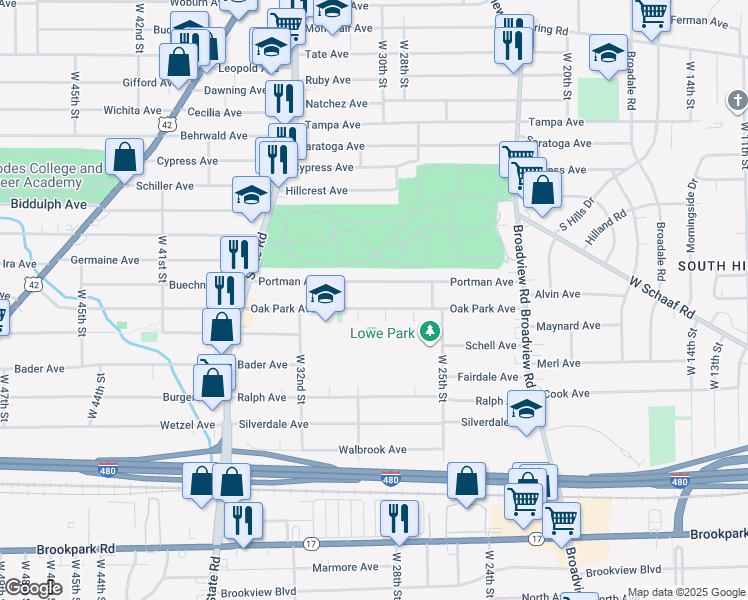 map of restaurants, bars, coffee shops, grocery stores, and more near 2810 Oak Park Ave in Cleveland