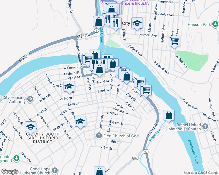 map of restaurants, bars, coffee shops, grocery stores, and more near 206 Wilson Avenue in Oil City