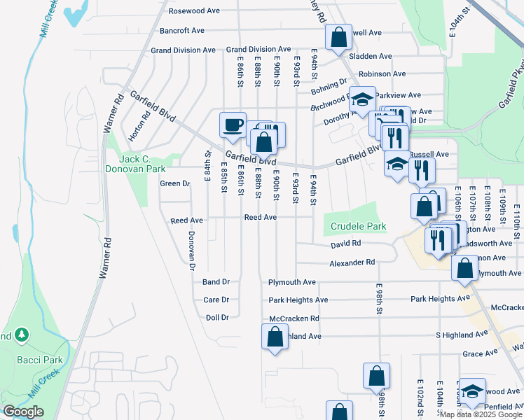 map of restaurants, bars, coffee shops, grocery stores, and more near 4871 East 88th Street in Garfield Heights