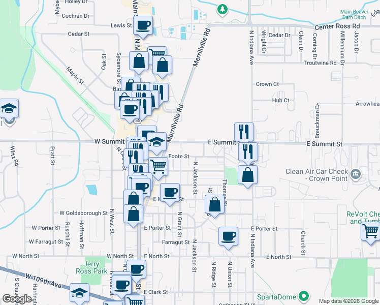 map of restaurants, bars, coffee shops, grocery stores, and more near 410 Foote St in Crown Point