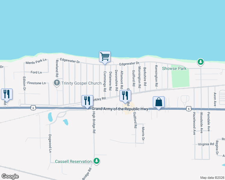 map of restaurants, bars, coffee shops, grocery stores, and more near 351 Delamere Rd in Vermilion