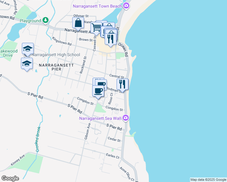 map of restaurants, bars, coffee shops, grocery stores, and more near 20 Rodman Street in Narragansett