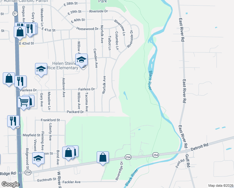 map of restaurants, bars, coffee shops, grocery stores, and more near 4623 Riverside Drive in Lorain