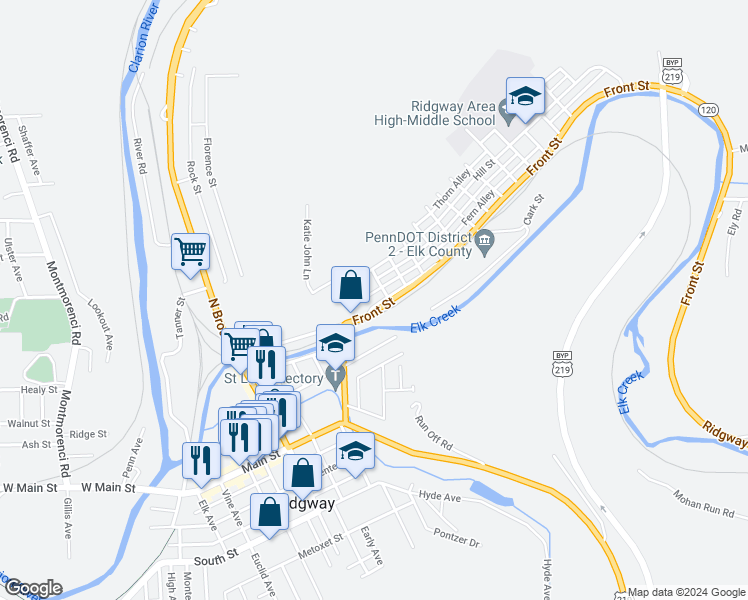map of restaurants, bars, coffee shops, grocery stores, and more near 429 Upper Front Street in Ridgway