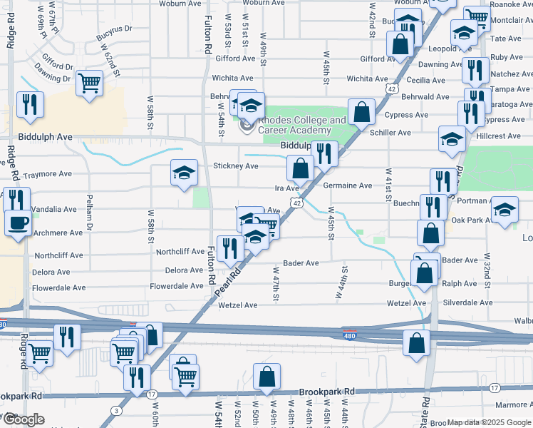 map of restaurants, bars, coffee shops, grocery stores, and more near 4815 Vandalia Avenue in Cleveland