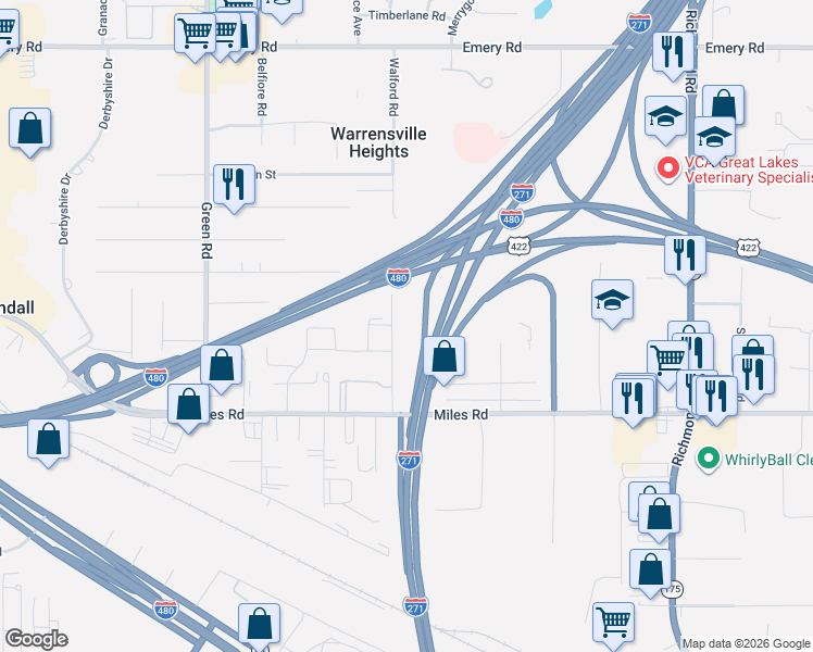 map of restaurants, bars, coffee shops, grocery stores, and more near 4889 Banbury Court in Warrensville Heights