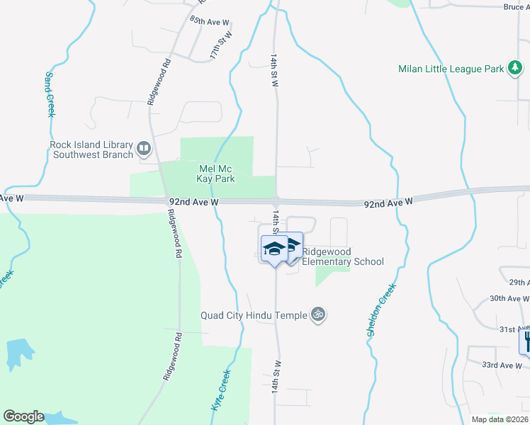 map of restaurants, bars, coffee shops, grocery stores, and more near 9500 14th Street West in Rock Island