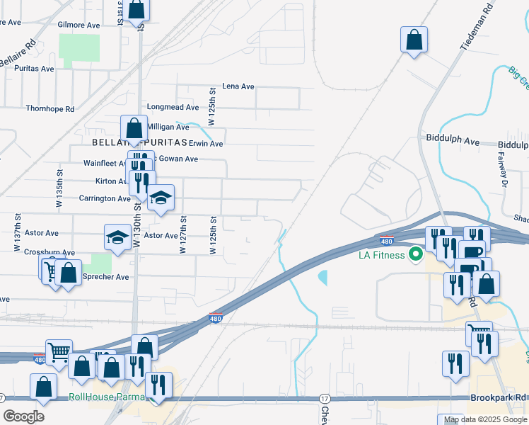 map of restaurants, bars, coffee shops, grocery stores, and more near 12016 Bennington Avenue in Cleveland