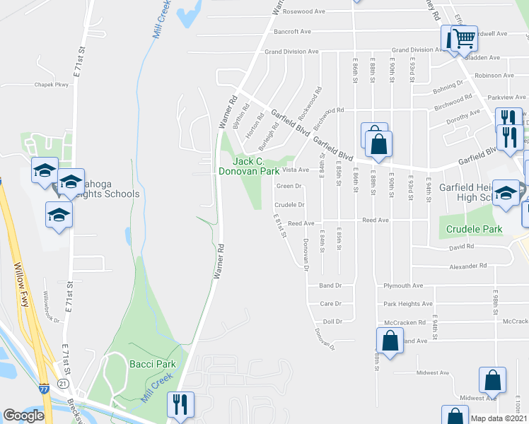 map of restaurants, bars, coffee shops, grocery stores, and more near 4870 East 81st Street in Garfield Heights