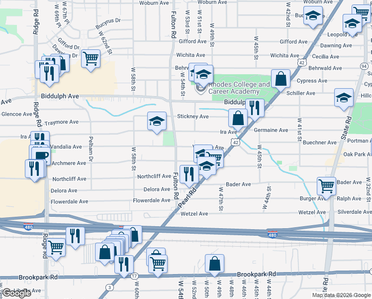 map of restaurants, bars, coffee shops, grocery stores, and more near 5219 Vandalia Avenue in Cleveland
