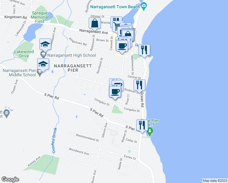 map of restaurants, bars, coffee shops, grocery stores, and more near 129 Boon St in Narragansett