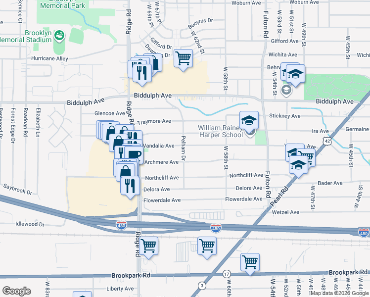 map of restaurants, bars, coffee shops, grocery stores, and more near 6123 Vandalia Avenue in Brooklyn