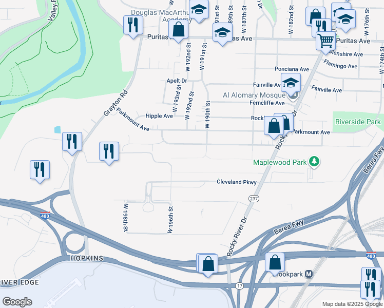 map of restaurants, bars, coffee shops, grocery stores, and more near 19114 Forestwood Avenue in Cleveland