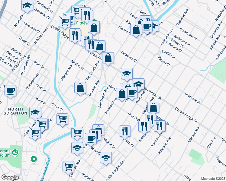 map of restaurants, bars, coffee shops, grocery stores, and more near 720 Marion Street in Scranton