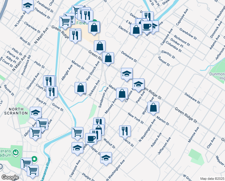 map of restaurants, bars, coffee shops, grocery stores, and more near 720 Marion Street in Scranton