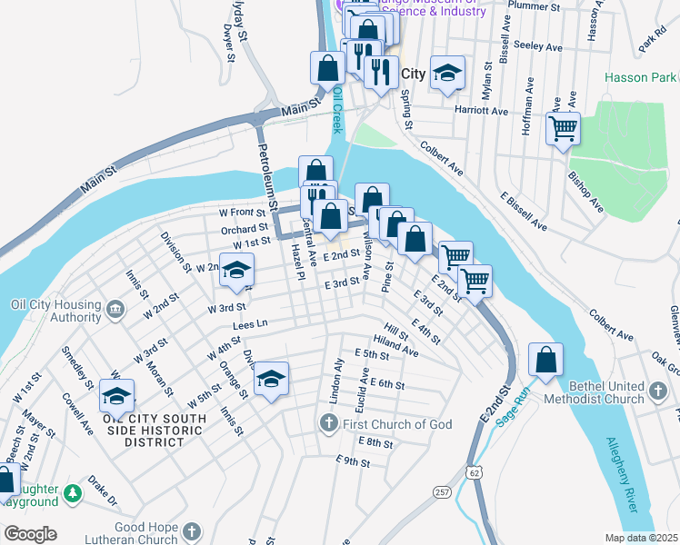 map of restaurants, bars, coffee shops, grocery stores, and more near 7 East 2nd Street in Oil City