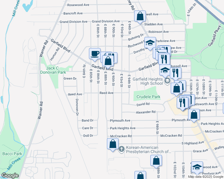 map of restaurants, bars, coffee shops, grocery stores, and more near 4865 East 90th Street in Garfield Heights