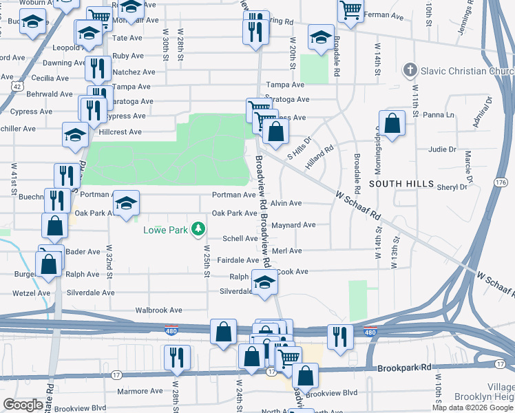 map of restaurants, bars, coffee shops, grocery stores, and more near 4754 Broadview Road in Cleveland