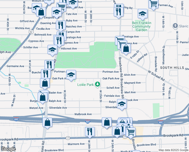map of restaurants, bars, coffee shops, grocery stores, and more near 2626 Oak Park Avenue in Cleveland