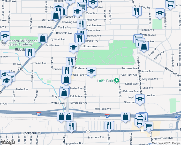 map of restaurants, bars, coffee shops, grocery stores, and more near 2922 Oak Park Avenue in Cleveland