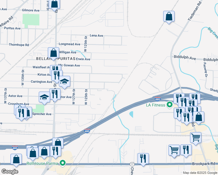 map of restaurants, bars, coffee shops, grocery stores, and more near 12016 Bennington Avenue in Cleveland