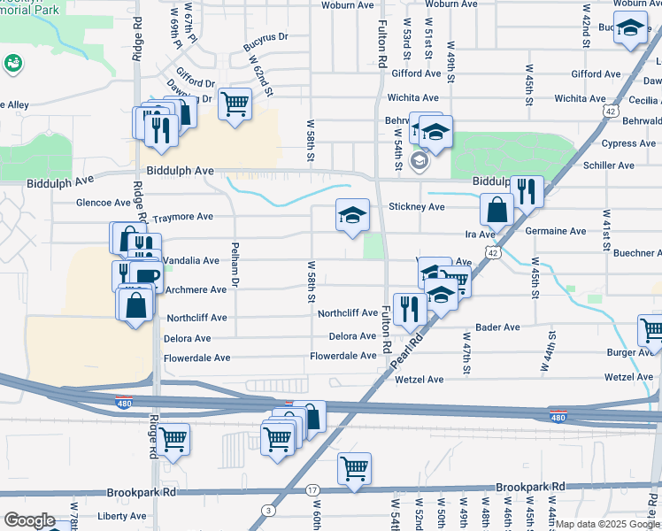 map of restaurants, bars, coffee shops, grocery stores, and more near 5621 Vandalia Avenue in Cleveland